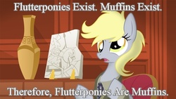 Size: 900x506 | Tagged: safe, artist:equestria-prevails, edit, derpy hooves, flutter pony, g4, ancient aliens, female, giorgio a. tsoukalos, logic, logical fallacy, meme, solo, text