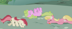 Size: 1269x520 | Tagged: safe, screencap, daisy, flower wishes, lily, lily valley, roseluck, earth pony, pony, applebuck season, g4, season 1, :p, cute, ei, eyes closed, faint, female, floppy ears, flower trio, frown, hub logo, legs in air, lying, lying down, mare, on back, open mouth, playing dead, prone, tongue out, trio, trio female