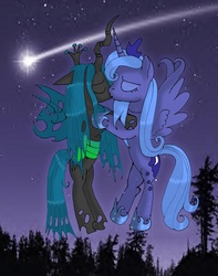 Size: 2040x2592 | Tagged: safe, artist:scorpionskiss666, princess luna, queen chrysalis, alicorn, changeling, changeling queen, pony, g4, chrysaluna, crown, duo, female, jewelry, kiss on the lips, kissing, lesbian, regalia, s1 luna, shipping
