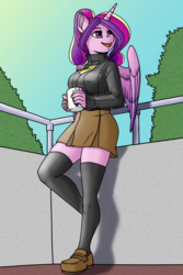 Size: 1066x1600 | Tagged: safe, artist:hazama, artist:kevinsano edits, edit, princess cadance, anthro, plantigrade anthro, hoofbeat 2, g4, breasts, busty princess cadance, clothes, colored, female, necktie, skirt, solo, sweater, thigh highs