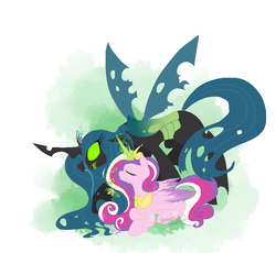 Size: 978x898 | Tagged: safe, artist:soulwarri0r, princess cadance, queen chrysalis, alicorn, changeling, changeling queen, pony, g4, female, glowing eyes, magic