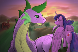 Size: 1200x800 | Tagged: safe, artist:boomythemc, spike, twilight sparkle, alicorn, dragon, pony, g4, crying, duo, female, goodbye, immortality blues, male, mare, older, older spike, sad, twilight sparkle (alicorn)