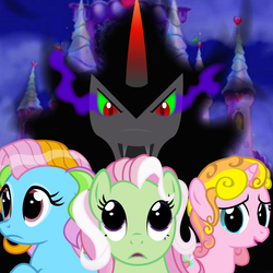 Size: 800x800 | Tagged: safe, artist:violetclm, king sombra, minty, rainbow dash (g3), rarity (g3), umbrum, g3, g4, fanfic art, fanfic cover, g3 to g4, generation leap