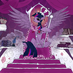 Size: 1000x1000 | Tagged: dead source, safe, artist:php15, twilight sparkle, alicorn, pony, g4, book, crown, elements of harmony, female, jewelry, mare, royalty, scepter, scroll, smug, smuglight sparkle, solo, throne, treasure, treasure chest, twilight sparkle (alicorn), tyrant sparkle