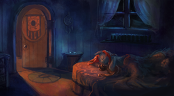 Size: 2057x1132 | Tagged: safe, artist:paladin, oc, oc only, oc:starfire, cat, bed, door, fourcannon, glasses, sleeping