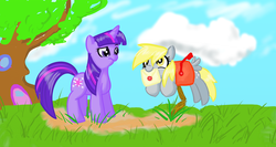 Size: 1366x728 | Tagged: safe, artist:rastaquouere69, derpy hooves, twilight sparkle, pegasus, pony, unicorn, g4, derpy inside a mailbox, duo, female, mail, mailbox, mare, mouth hold