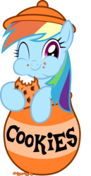Size: 3029x5865 | Tagged: safe, artist:filpapersoul, rainbow dash, pegasus, pony, g4, cookie, cookie jar, cookie jar pony, crumbs, cute, dashabetes, eating, female, food, hoof hold, looking at you, puffy cheeks, show accurate, simple background, smiling, solo, transparent background, vector, wink