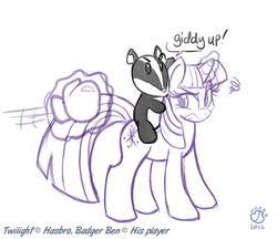 Size: 1614x1394 | Tagged: safe, artist:badgerben, twilight sparkle, badger, pony, unicorn, g4, annoyed, boxing gloves, female, frown, giddy up, looking back, magic, mare, riding, this will end in pain