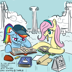 Size: 1000x1000 | Tagged: safe, artist:king-kakapo, fluttershy, rainbow dash, pegasus, pony, g4, 30 minute art challenge, book, braces, cloudsdale, ponytail, reading, studying, table, teenager, younger