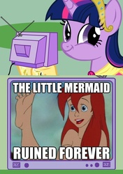 Size: 564x800 | Tagged: safe, twilight sparkle, alicorn, pony, g4, disney princess, equestria girls drama, exploitable meme, female, image macro, mare, meme, princess ariel, ruined forever, the little mermaid, tv meme, twilight sparkle (alicorn)