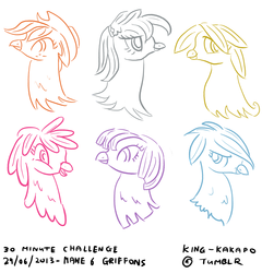 Size: 1280x1336 | Tagged: safe, artist:king-kakapo, applejack, fluttershy, pinkie pie, rainbow dash, rarity, twilight sparkle, griffon, g4, 30 minute art challenge, fluttergriffon, griffarity, griffonized, my little griffon, species swap