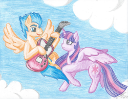 Size: 2168x1680 | Tagged: safe, artist:manickatie2, flash sentry, twilight sparkle, alicorn, pony, g4, female, guitar, male, mare, ship:flashlight, shipping, straight, twilight sparkle (alicorn)