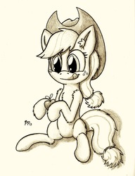 Size: 1635x2126 | Tagged: safe, artist:punk-pegasus, applejack, g4, apple, chest fluff, ear fluff, female, monochrome, sitting, solo, tongue out, traditional art