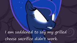 Size: 800x445 | Tagged: safe, edit, edited screencap, screencap, princess luna, g4, luna eclipsed, angry, female, glorious grilled cheese, glowing eyes, grilled cheese, insane pony thread, sacrifice, solo, tumblr