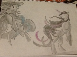 Size: 960x720 | Tagged: safe, artist:derpyhoves18, trixie, twilight sparkle, g4, magic duel, glowing eyes, photo, traditional art