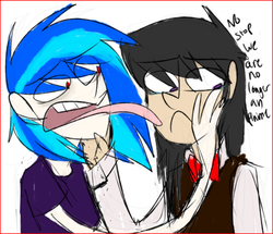 Size: 500x429 | Tagged: safe, artist:ghost, dj pon-3, octavia melody, vinyl scratch, human, g4, dialogue, duo, humanized, licking, simple background, tongue out, white background