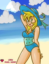 Size: 1024x1325 | Tagged: safe, artist:ladypixelheart, oc, oc only, oc:ticket, human, beach, clothes, humanized, one-piece swimsuit, solo, swimsuit