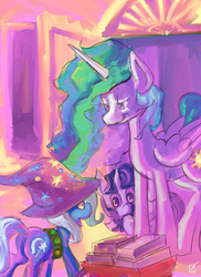 Size: 2800x3850 | Tagged: safe, artist:fauxsquared, princess celestia, trixie, twilight sparkle, g4, filly, filly guides