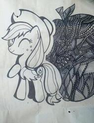 Size: 390x514 | Tagged: safe, artist:pz, applejack, earth pony, pony, g4, apple, hat, pattern, solo, traditional art, zentangle