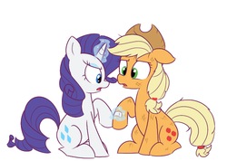 Size: 643x459 | Tagged: safe, artist:lance, applejack, rarity, earth pony, pony, unicorn, g4, bandaid, cowboy hat, duo, female, hat, injured, lesbian, magic, mare, ship:rarijack, shipping, stetson, telekinesis