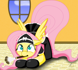Size: 1000x903 | Tagged: safe, artist:ciscoql, fluttershy, g4, clothes, costume, duster, female, fluttermaid, maid, mouth hold, solo, stockings