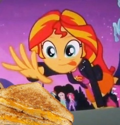 Size: 371x386 | Tagged: safe, edit, edited screencap, screencap, fluttershy, pinkie pie, rainbow dash, sunset shimmer, equestria girls, g4, my little pony equestria girls, cropped, female, food, grilled cheese, meme, sandwich, solo focus, sunset shimmer reaching for things, tongue out