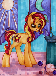 Size: 898x1215 | Tagged: safe, artist:php174, sunset shimmer, pony, unicorn, g4, banner, female, flask, pedestal, solo, traditional art