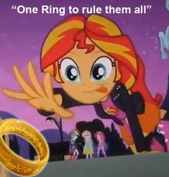 Size: 371x386 | Tagged: safe, edit, edited screencap, screencap, fluttershy, pinkie pie, rainbow dash, sunset shimmer, equestria girls, g4, my little pony equestria girls, cropped, lord of the rings, meme, ring, solo focus, sunset shimmer reaching for things, tengwar, text, the one ring, this will end in insanity, this will end in tears, this will end in undeath, tongue out, uh oh