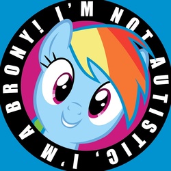 Size: 984x984 | Tagged: safe, rainbow dash, g4, autism, female, logo, pin, solo, text