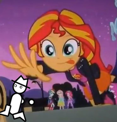Size: 371x386 | Tagged: safe, edit, edited screencap, screencap, fluttershy, pinkie pie, rainbow dash, sunset shimmer, equestria girls, g4, my little pony equestria girls, cropped, meme, solo focus, sunset shimmer reaching for things, tongue out, yahtzee, zero punctuation