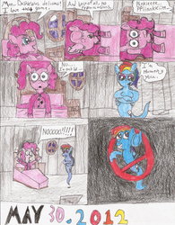 Size: 1700x2180 | Tagged: safe, artist:daniel-sg, pinkie pie, rainbow dash, earth pony, ghost, pony, fanfic:cupcakes, g4, comic, dead, dragon ball, dragonball z abridged, female, ghost nappa, ghostbusters, implied murder, mare, wide eyes