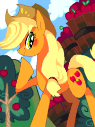 Size: 300x400 | Tagged: safe, artist:kayanezumi, applejack, earth pony, pony, g4, apple, female, pixel art, pixiv, raised hoof, solo, sweet apple acres, tree, working