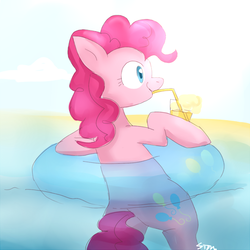 Size: 700x700 | Tagged: safe, artist:sion, pinkie pie, g4, butt, drink, female, inner tube, plot, solo, water