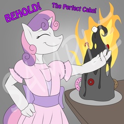 Size: 1000x1000 | Tagged: safe, artist:lil miss jay, sweetie belle, anthro, g4, cake, female, fire, lethal chef, pyro belle, solo, sweetie fail, sweetiedumb