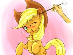 Size: 640x480 | Tagged: safe, artist:jiiko, applejack, g4, blushing, cowboy hat, cute, disembodied arm, ear cleaning, hand, happy, hat, jackabetes, looking at you, mimikaki, pixiv, smiling, stetson, wink