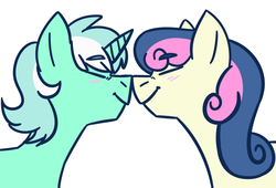 Size: 830x566 | Tagged: safe, artist:flower-power-love, bon bon, lyra heartstrings, sweetie drops, pony, unicorn, g4, blushing, boop, eyes closed, female, horn, lesbian, nuzzling, ship:lyrabon, shipping