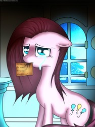 Size: 960x1280 | Tagged: safe, artist:blackbasscry, pinkie pie, earth pony, pony, g4, crying, female, lonely, mouth hold, note, pinkamena diane pie, sad, solo