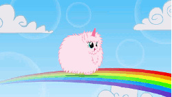 Size: 480x271 | Tagged: safe, artist:mixermike622, oc, oc only, oc:fluffle puff, pony, unicorn, pink fluffy unicorns dancing on rainbows, g4, animated, cloud, female, mare, open mouth, perfect loop, rainbow, sky, solo, youtube link