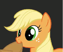 Size: 390x324 | Tagged: safe, artist:mixermike622, applejack, earth pony, pony, pink fluffy unicorns dancing on rainbows, g4, animated, chewing, chewing ponies, cute, female, hat, jackabetes, nom, silly, silly pony, solo, who's a silly pony, youtube link