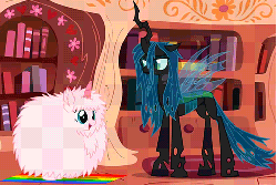 Size: 513x343 | Tagged: safe, artist:mixermike622, queen chrysalis, oc, oc:fluffle puff, changeling, changeling queen, pony, pink fluffy unicorns dancing on rainbows, g4, animated, bed hair, book, bookshelf, duo, duo female, fake horn, female, flower, heart, mare, messy mane, open mouth, open smile, perfect loop, rainbow, smiling, unamused, youtube link