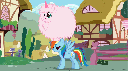 Size: 800x450 | Tagged: safe, artist:mixermike622, rainbow dash, oc, oc:fluffle puff, pegasus, pony, pink fluffy unicorns dancing on rainbows, g4, animated, duo, fake horn, female, fluffle puff riding rainbow dash, mare, ponies riding ponies, pony hat, rainbow dash is not amused, riding, unamused, visual pun, wat