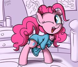 Size: 3000x2600 | Tagged: dead source, safe, artist:killryde, pinkie pie, pony, g4, bedroom, bipedal, bottomless, chest fluff, clothes, covering, female, off shoulder, shirt, solo