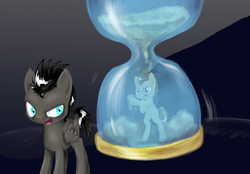 Size: 905x630 | Tagged: safe, artist:pechenyuha, doctor whooves, time turner, earth pony, pegasus, pony, ask discorded whooves, g4, discord whooves, duality, hourglass, multiverse, self ponidox