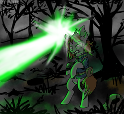 Size: 2046x1877 | Tagged: dead source, safe, artist:pechenyuha, oc, oc only, oc:littlepip, pony, unicorn, fallout equestria, bipedal, blast, clothes, cutie mark, fanfic, fanfic art, female, glowing horn, gritted teeth, hooves, horn, jumpsuit, magic, magic beam, magic blast, mare, pipbuck, saddle bag, solo, teeth, tree, vault suit