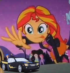 Size: 371x386 | Tagged: safe, edit, edited screencap, screencap, flash sentry, fluttershy, pinkie pie, rainbow dash, sunset shimmer, equestria girls, g4, my little pony equestria girls, car, cropped, flash sentry's car, meme, micro, solo focus, sunset shimmer reaching for things, tongue out