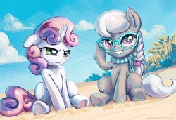 Size: 1900x1300 | Tagged: safe, artist:kp-shadowsquirrel, silver spoon, sweetie belle, earth pony, pony, unicorn, g4, beach, cloud, duo, duo female, female, filly, foal, glasses, jewelry, necklace, pearl necklace, sand, sitting, sky, smiling