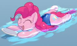 Size: 1358x810 | Tagged: safe, artist:masak9, diamond tiara, pinkie pie, earth pony, pony, ask school swimsuit pinkie pie, g4, clothes, female, mare, one-piece swimsuit, open mouth, pixiv, school swimsuit, smiling, solo, sukumizu, swimming, swimming pool, swimsuit