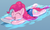 Size: 1358x810 | Tagged: safe, artist:masak9, diamond tiara, pinkie pie, earth pony, pony, ask school swimsuit pinkie pie, clothes, female, mare, one-piece swimsuit, open mouth, pixiv, school swimsuit, smiling, solo, sukumizu, swimming, swimming pool, swimsuit