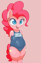Size: 1024x1572 | Tagged: safe, artist:masak9, pinkie pie, earth pony, pony, ask school swimsuit pinkie pie, g4, bipedal, blush sticker, blushing, clothes, colored pupils, cute, diapinkes, female, japanese, one-piece swimsuit, open mouth, pixiv, school swimsuit, simple background, smiling, solo, sukumizu, swimsuit