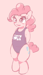 Size: 751x1302 | Tagged: safe, artist:masak9, pinkie pie, earth pony, pony, ask school swimsuit pinkie pie, g4, blushing, clothes, female, japanese, mare, one-piece swimsuit, pixiv, solo, swimsuit